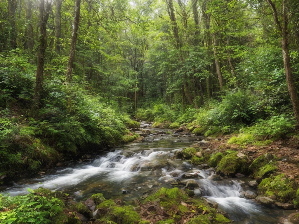 Stream coming down hill, trees next to stream, realistic, photorealistic, hyperealistic, small animals and birds by stream, blue sky, occasional small clouds,