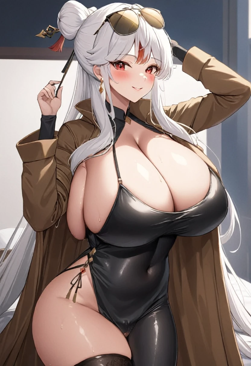 ultra-detailed,(best quality),((masterpiece)),(highres),original,extremely,1girl,ningguang (genshin impact),eyewear on head,long hair,solo,sunglasses,looking at viewer,breasts,smile,bag,blurry background,hair bun,red eyes,blurry,white hair,open clothes,shirt,black shirt,coat,long sleeves,sidelocks,handbag,single hair bun,very long hair,bangs,closed mouth,brown coat,parted bangs,alternate costume,arm up,contemporary,large breasts,casual,from side,pants,hair ornament,blush,shoulder bag,jacket,half updo,brown jacket,depth of field,open coat,adjusting eyewear,multicolored hair,looking to the side,open jacket,cowboy shot,hair stick, sexy pose, (NSFW), anime, anime screencap, gigantic breasts, huge breasts, woman wearing full bodystocking, necromancer, raven, MILF, (very large breast), milf, (mature female), gloves, earrings, navel focus, capes, Elegant body, curvaceous but thin, the woman have beautiful detailed eyes, detailed textures, otherworldly ruins, fantasy, RPG, Dark atmosphere, extreme shading, masterpiece, best quality, milf, mature female, milfication, The armor covers her breasts and abdomen, ultra mega hyper ultra mega hyper ultra mega super big and beastly huge breasts.((her vagina is very wet, so wet that her fluids pass through Clothes)), She has her panties in her hand and apparently she had taken them off and only had her skirt. She is in your bed with a smile and she is blushing and she is biting her lip. In the area of the vagina it has slut written while the arrow is pointing at the vagina. Her breasts are leaking breast milk and her vagina has already been filled with semen by my penis.) (((Sexual image, sex, porn, pornography, sensual, sexy, erotic, horny)))]