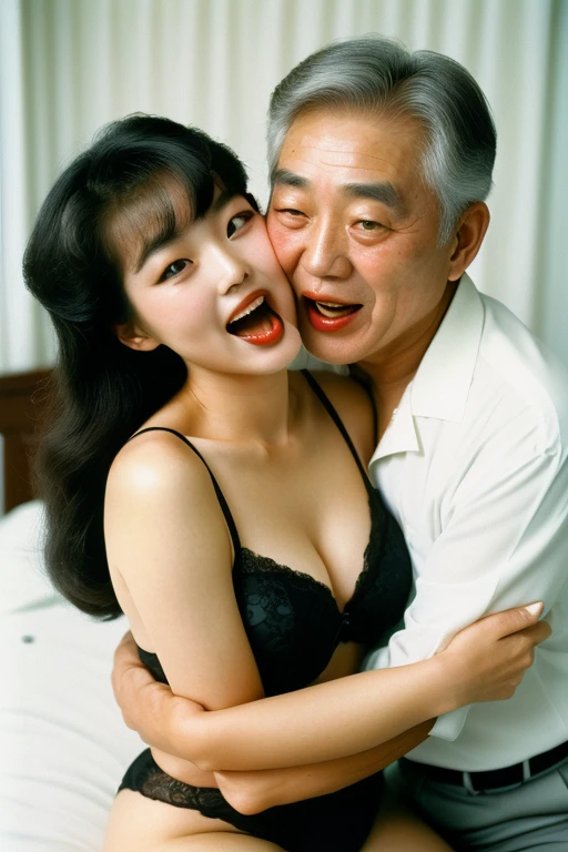 full body, (((1 korean young girl and 1 old korean man having a deep kiss))), {Seoul, 1988, A young korean beautiful girl, 22-year-old, sexy girl, strikingly beautiful, black hair, big breasts, delicate facial features, porcelain skin, red lips, expressive eyes, ((awe and joy expression)), ((lingerie from the 1980s)), (hairstyle of the 1980s),her hair styled in classic pin curls, girl sitting on the bed, erotic pose, from front, (((open mouth and tongue out))),} ,(((70 years old korean man wearing business suit))), (((70 years old korean man hugging on korean young girl's chest))),
