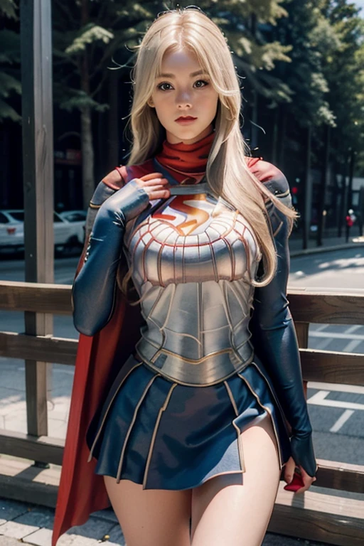(Best quality, masterpiece, absurd)),1girl:1.3, solo:1.3,Beautiful woman,blue expressive eyes, beautiful woman,long blonde hair, 21 years, solo, 1girl,hourglass body,huge breasts, defined body, wearing superman cosplay((Supergirl cosplay bodysuit, skirt (waist up to half of thigh)supergirl, supergir short red cape)), bright colors