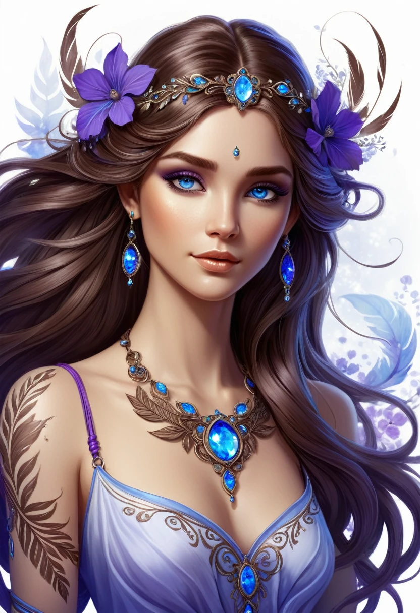 The image depicts a stylized, digital artwork of a female character. She has long, flowing brown hair adorned with purple flowers, giving her a mystical or ethereal appearance. The character has striking blue eyes and is wearing a detailed, ornate necklace with a circular pendant. Her skin is fair, and she has a tattoo or design on her right shoulder that resembles a feather or leaf motif. The overall aesthetic of the image is quite detailed and suggests a fantasy or fantasy-inspired theme. The character's expression is neutral, and she is looking directly at the viewer, which gives the image a sense of engagement.