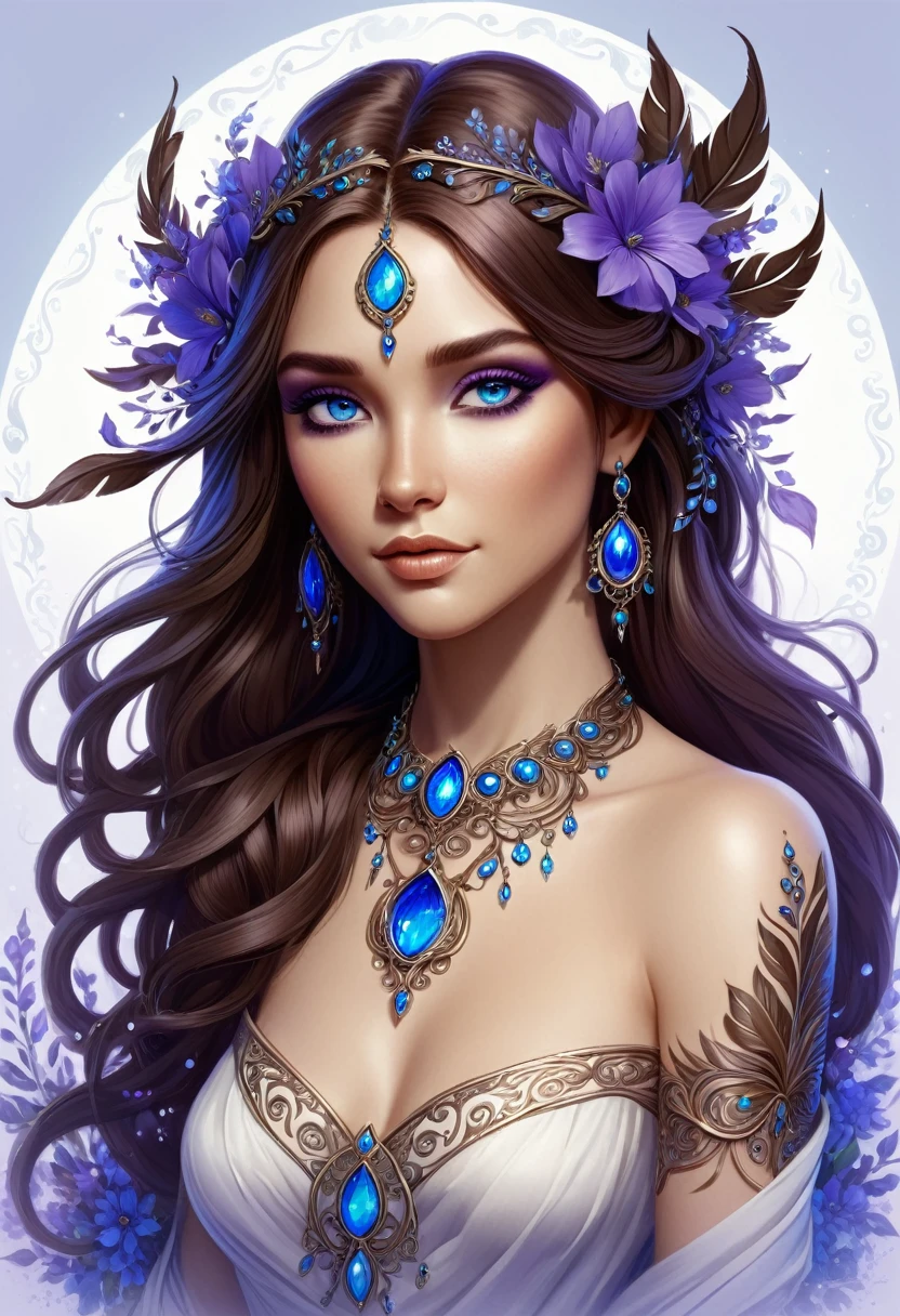 The image depicts a stylized, digital artwork of a female character. She has long, flowing brown hair adorned with purple flowers, giving her a mystical or ethereal appearance. The character has striking blue eyes and is wearing a detailed, ornate necklace with a circular pendant. Her skin is fair, and she has a tattoo or design on her right shoulder that resembles a feather or leaf motif. The overall aesthetic of the image is quite detailed and suggests a fantasy or fantasy-inspired theme. The character's expression is neutral, and she is looking directly at the viewer, which gives the image a sense of engagement.