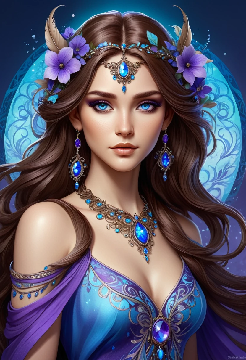The image depicts a stylized, digital artwork of a female character. She has long, flowing brown hair adorned with purple flowers, giving her a mystical or ethereal appearance. The character has striking blue eyes and is wearing a detailed, ornate necklace with a circular pendant. Her skin is fair, and she has a tattoo or design on her right shoulder that resembles a feather or leaf motif. The overall aesthetic of the image is quite detailed and suggests a fantasy or fantasy-inspired theme. The character's expression is neutral, and she is looking directly at the viewer, which gives the image a sense of engagement.