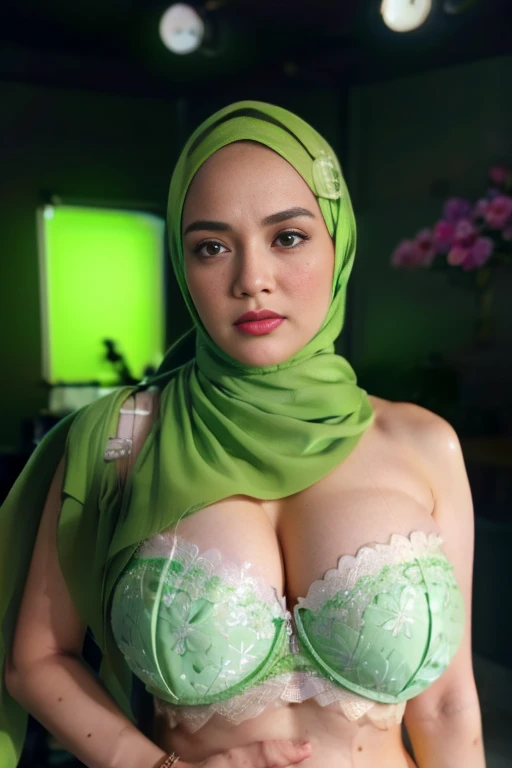 ((Gigantic tits:1.6)), (from behind up) seductive pose, ((Thin body:1.2)), (Happy smile), (((HIJAB MALAY GIRL))), masutepiece, High quality, UHD 32K, Realistic face, Realistic skin feeling , A Japanese Lady, 32 years old matured lady, (((FLAT CHEST))), (Night time at forest), ((look In front  at the camera and SADNESS)), (((GREEN FLUORESCENT & GREEN FLUORESCENT))), (((CUTE GIRL))), ((GREEN FLUORESCENT LIPS)), ((Floral Pattern)) little ((wearing pastel lace strapless bra)), dark night background , black forest night, horror scary place,