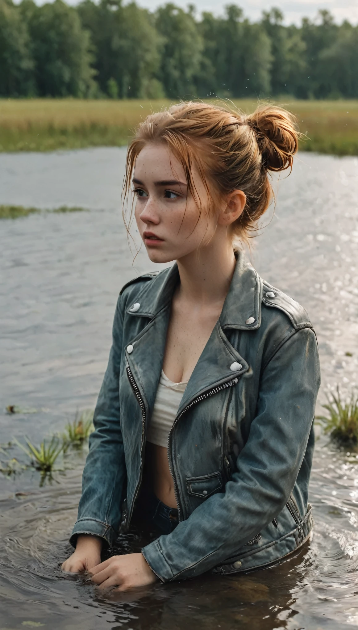 teenage girl, drowning in a swamp, drowning, sinking, long messy loose bun, freckles, wearing jeans, faded leather biker jacket, t-shirt, pale skin, lifeless expression, dry-humping, intimate moment:1.2,