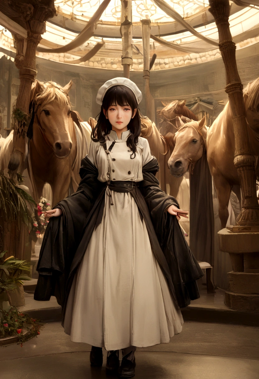 (8k, Photo brute, Best quality, chef-d'artwork:1.2), (Realistic, photo-Realistic:1.37) , 1fille, (carrousel, Nuit), miaoxiaoji(secrète_tea), detailed face, detailed eyes, robe noire