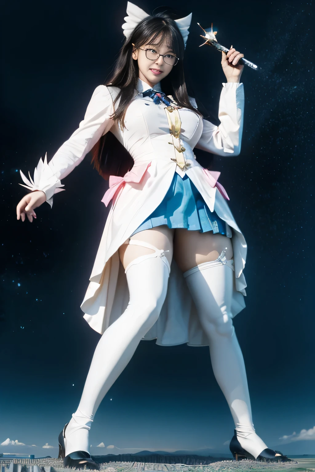 giantess art, highly detailed giantess shots, giantess, most detailed, perfect face, Two legs, Five fingers, A beautiful girl who is bigger than a skyscraper, Wearing rimless glasses, smile, huge breasts, blue base and white accents magical girl dress, bow, magical girl, holding a magical wand, black pantyhose, blue stiletto heels, thunderbolt from a magical wand, Destroying cities, Under heavy attack, A very small big city, Miniature metropolis, Full body description, GTS, giga giantess, stomping city, crash city, tiny city, micro city, pantyhose feet, High resolution, highest quality, masterpiece,