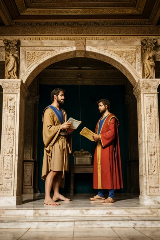 Aristotle in Macedonia, around 343 BC, wearing a tutor's robe, teaching a young Alexander the Great, pointing at a map of the ancient world, in an opulent Macedonian palace, medium shot, hyper-realistic, photo-realistic, cinematography -- ar16:9"