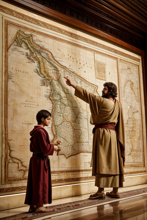 Aristotle in Macedonia, around 343 BC, wearing a tutor's robe, teaching a young Alexander the Great, pointing at a map of the ancient world, in an opulent Macedonian palace, medium shot, hyper-realistic, photo-realistic, cinematography -- ar16:9"