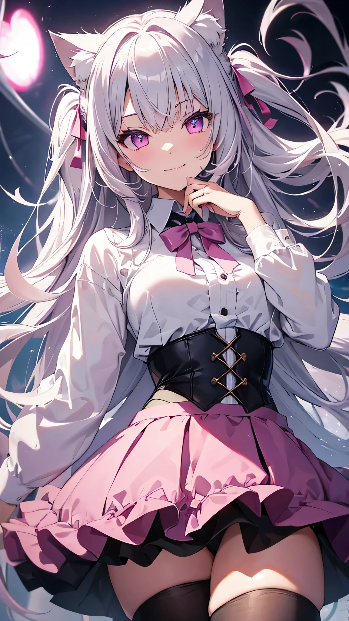 masterpiece,highest quality,Highly detailed face,Sparkling eyes,Highlighted eyes,Medium chest,pretty girl,smile,Cat ear,Beautiful silver hair,Pink inside,Beautiful pink eyes,Oversized shirt、skirt、black tights