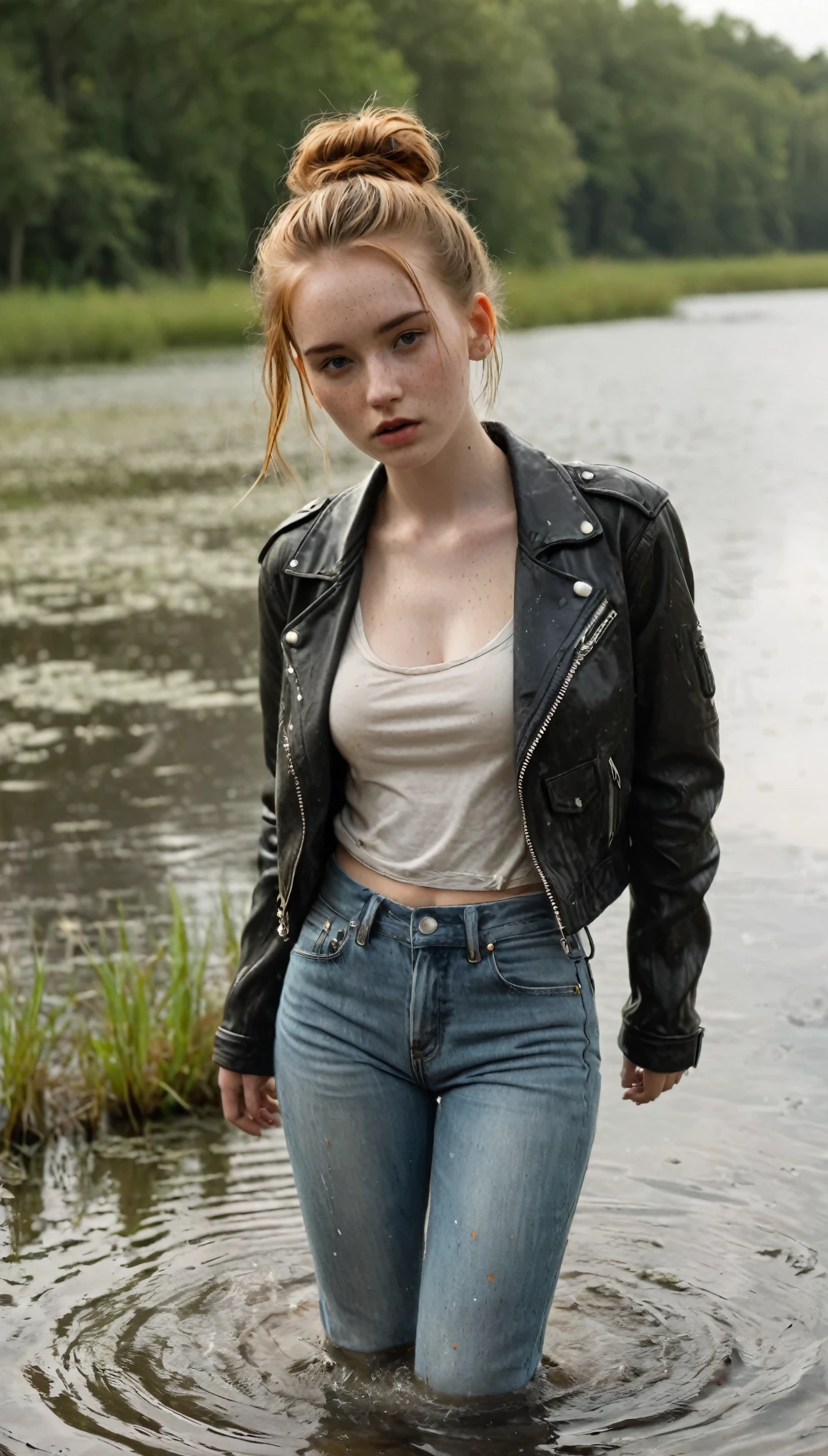  teenage girl, drowning in a swamp, drowning, sinking, long messy loose bun, freckles, wearing jeans, faded leather biker jacket, t-shirt, pale skin, lifeless expression, dry-humping, intimate moment:1.2, fetishistic desires