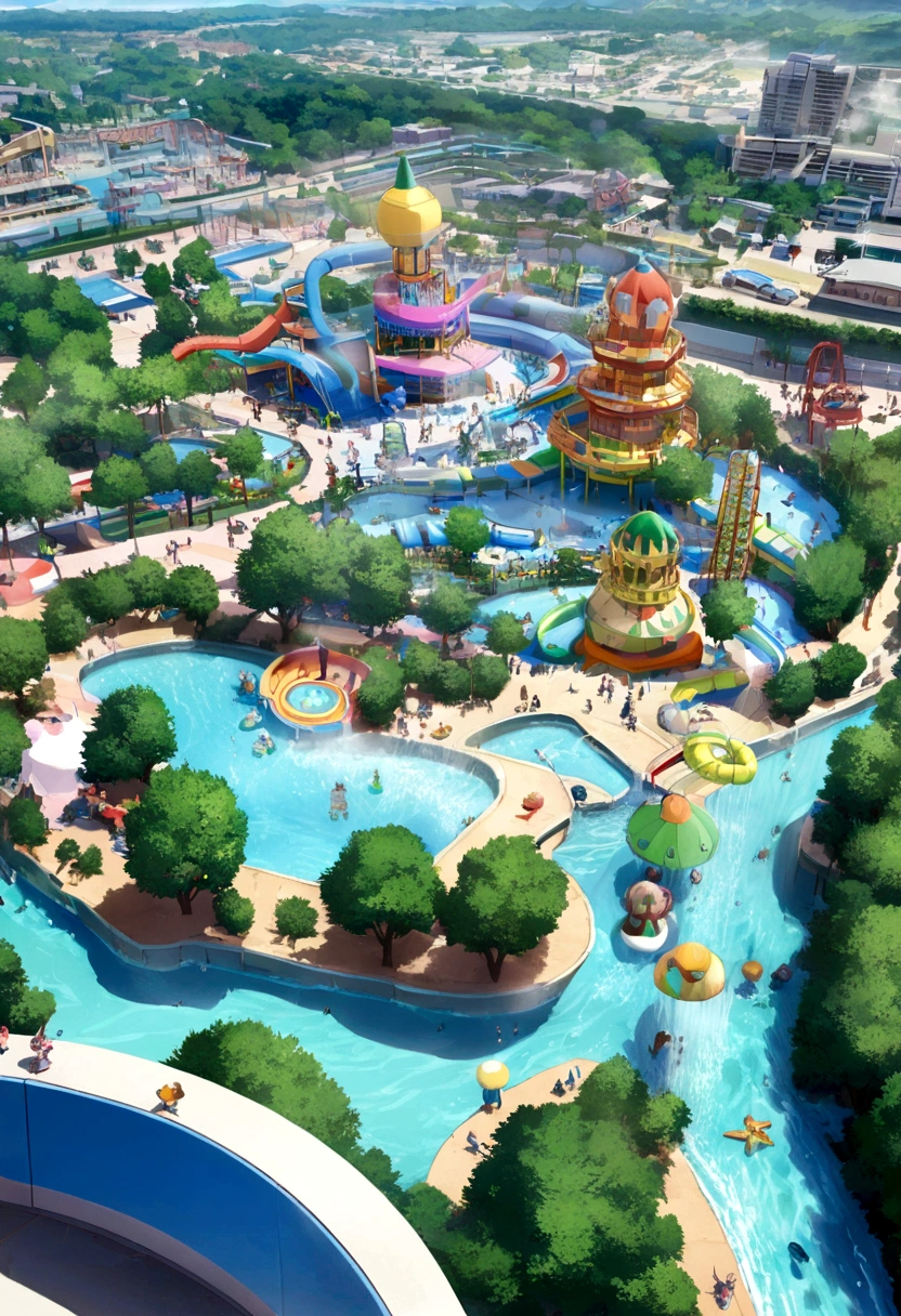 Waterpark, perspective of a tiny person, tiny waterpark within a giant water park, anime