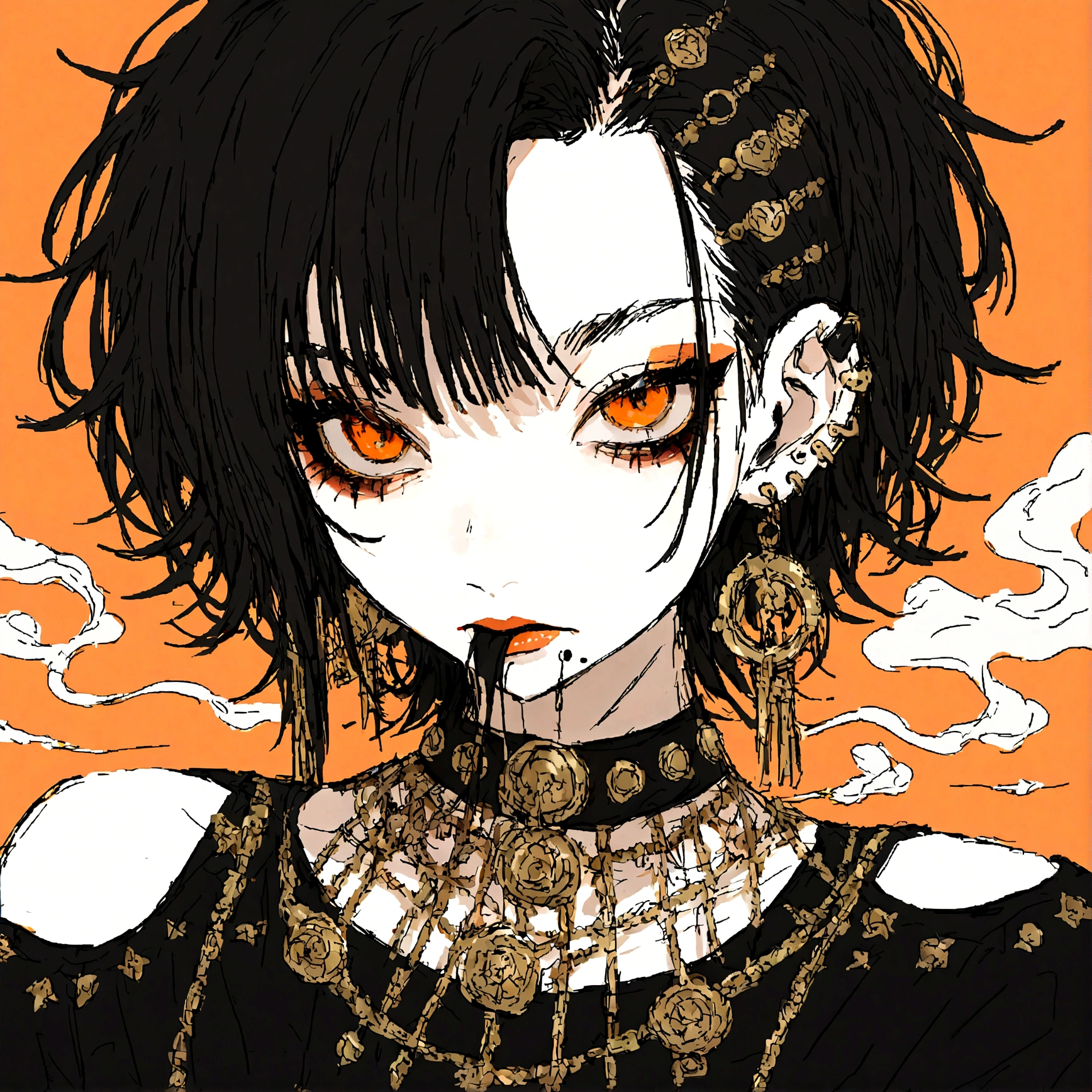 a punk female with long curly black hair, orange eyes and an orange backround, smoke coming from mouth, wearing punk goth attire, wearing goth makeup, solo, alone, black eyeliner, (SOLO)(ALONE), intricate gold ear piercings, has a shaved undercut