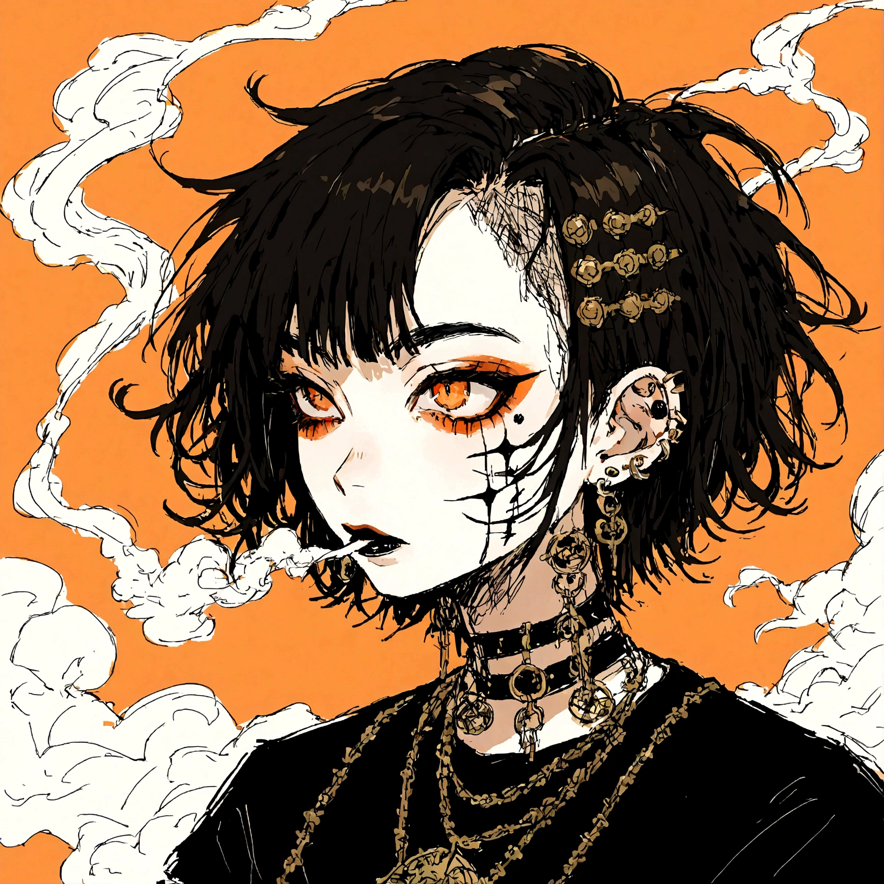 a punk female with long curly black hair, orange eyes and an orange backround, smoke coming from mouth, wearing punk goth attire, wearing goth makeup, solo, alone, black eyeliner, (SOLO)(ALONE), intricate gold ear piercings, has a shaved undercut