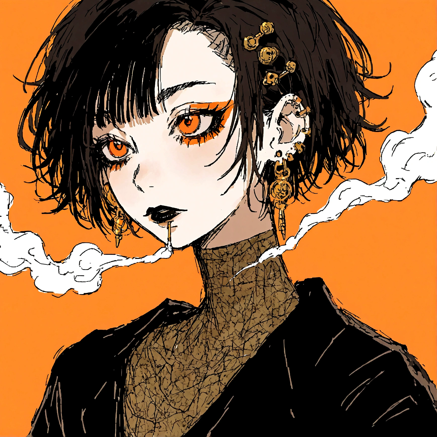 a punk female with long curly black hair, orange eyes and an orange backround, smoke coming from mouth, wearing punk goth attire, wearing goth makeup, solo, alone, black eyeliner, (SOLO)(ALONE), intricate gold ear piercings, has a shaved undercut