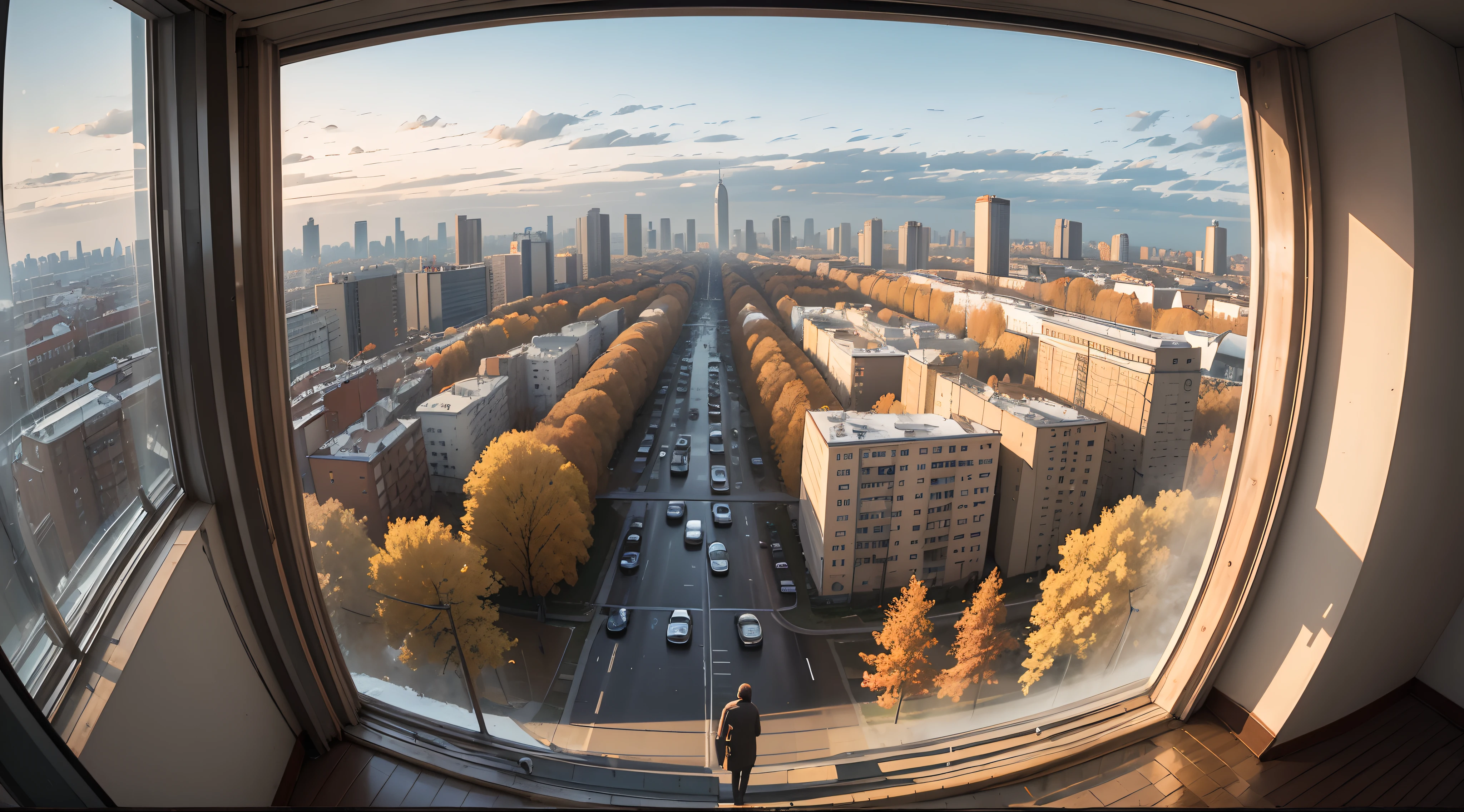 masterpiece, detailed, autumn, Viewing the city from a tall building, Minsk, Viewed from slightly above, This photo was taken from a distance, distant cityscape, Background is a street in the rain, Belarus. Wide-angle lens, Viewed from a height, soviet apartment building, Overlooking the city