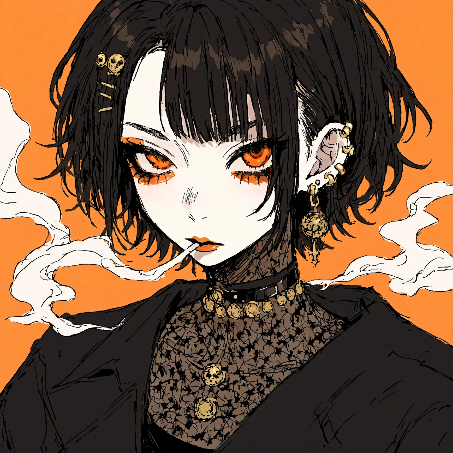 a punk female with long curly black hair, orange eyes and an orange backround, smoke coming from mouth, wearing punk goth attire, wearing goth makeup, solo, alone, black eyeliner, (SOLO)(ALONE), intricate gold ear piercings, has a shaved undercut