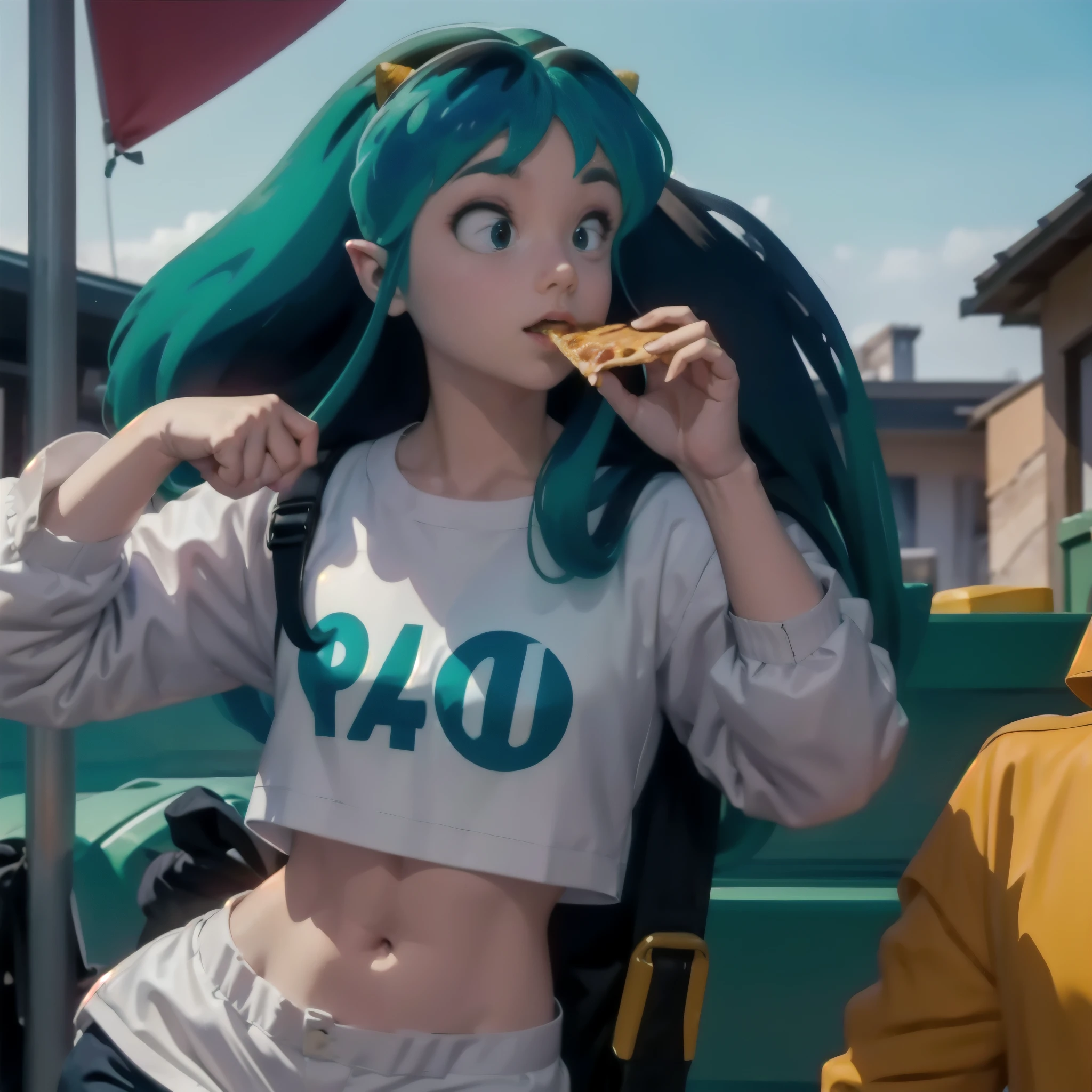 urusei yatsura Lamu is eating a pizza. eating_pizza