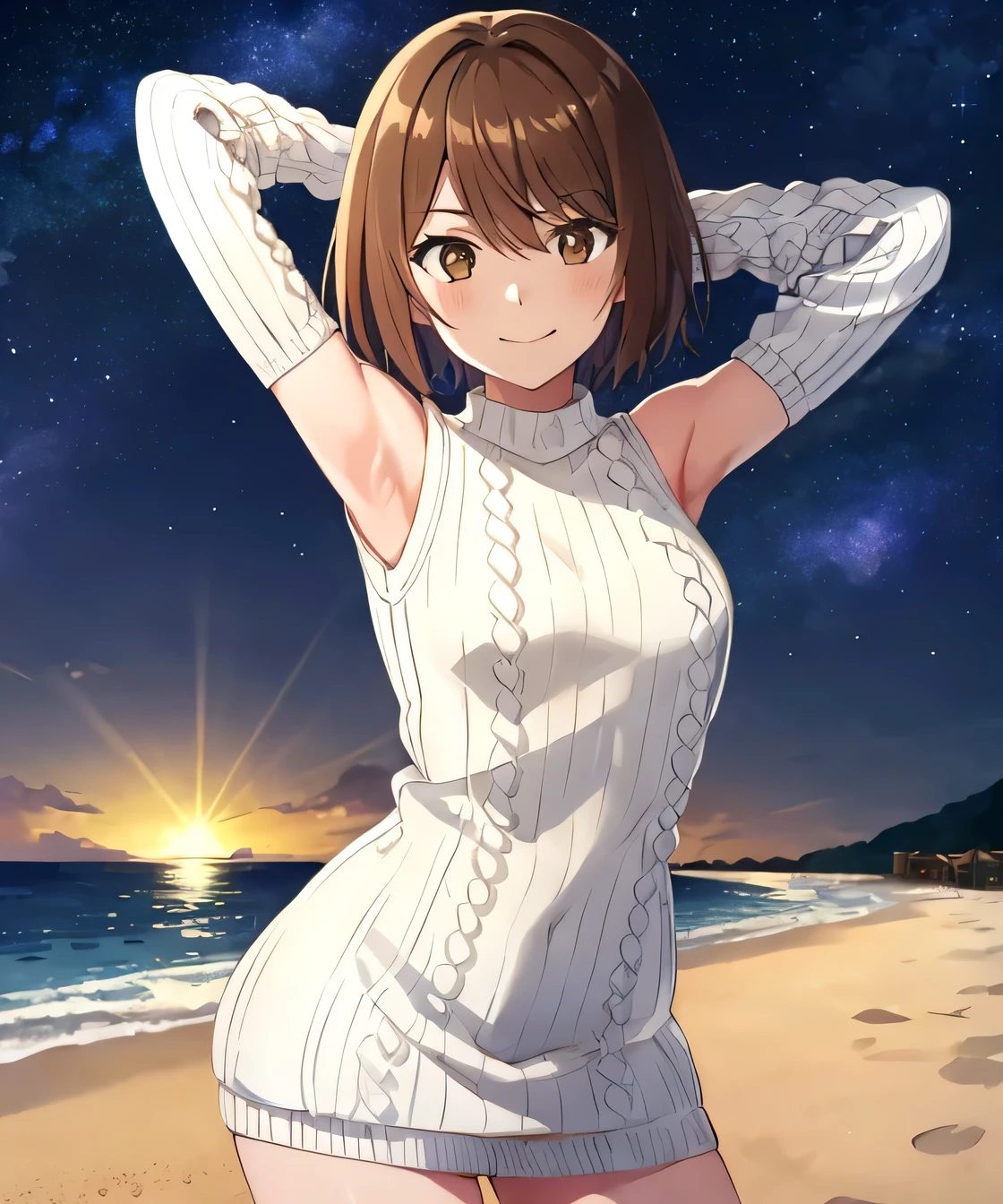 1girl, (shapely body), solo, hdr, saiai kinuhata, solo, short hair, brown hair, brown eyes, jewelry, sweater, solo focus, solo, night sky, beach, arms behind head, contrapposto, spread armpits, closed mouth, smile, (cowboy shot:1.5), looking at viewer, v, white sweater, sweater dress, 