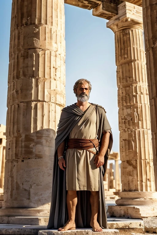 Aristotle in Athens after the death of Alexander in 323 BC, dressed in philosopher's robes, facing an increasingly hostile political climate, with tense crowds and Athenian architecture in the background, medium shot, hyper-realistic, photo-realistic, cinematography -- ar16:9"
