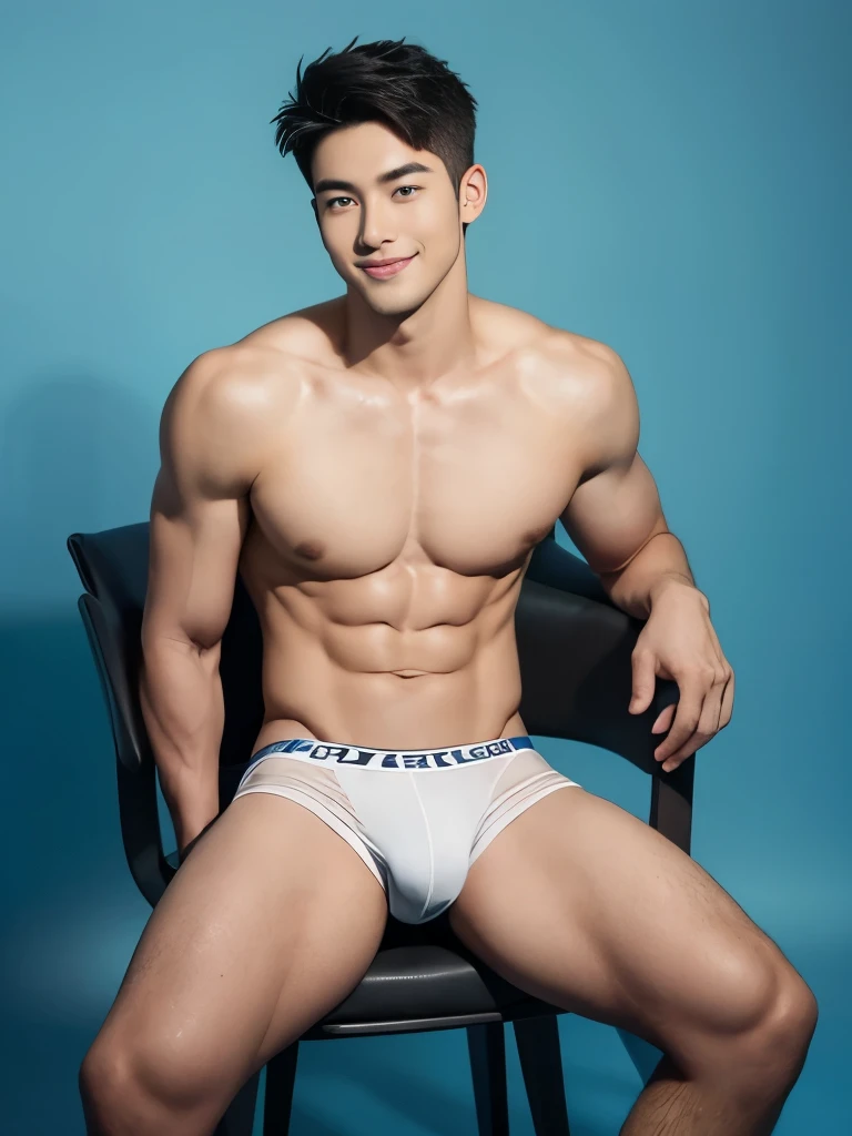 Arafed man in a briefs, handsome man, handsome guy, Full Body Shoot, photoshoot, beard, a little beard, male underwear, briefs, portrait, look at camera, detailed facial parts, Manly, Charmer, Active Boy, sitting, sitting on chair, legs opened, harness, happy expression, smile, perfect anatomy, symmetric body, asian boy 25-year-old, shirtless :: high detail, asian, a little six packs attractive body, realistic, human skin, handsome chad chin, shirtless, handsome, lean muscle, attractive, slim, masculine, sexually attractive, human skin, (eyes contact), Handsome, Attractive, bulge in briefs, The crotch is raised, bright tone, pastel background
