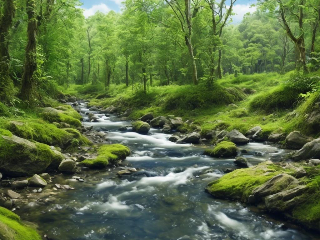 Stream coming down hill, trees next to stream, realistic, photorealistic, hyperealistic, small animals and birds by stream, blue sky, occasional small clouds,
