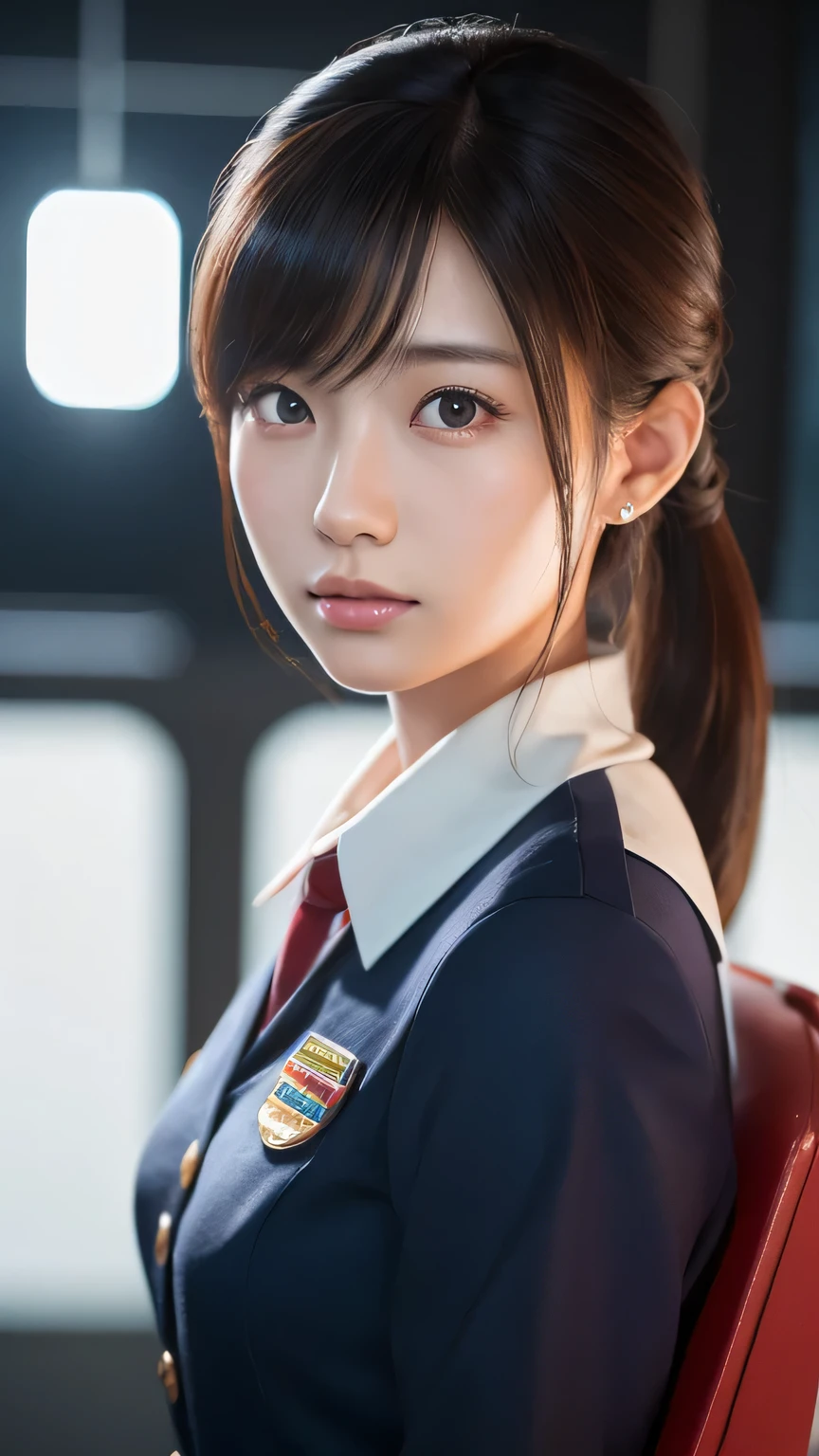 A beautiful young Japanese woman, around 20 years old, wearing a stewardess uniform, ultra-detailed, 8K resolution, highly realistic, cinematic lighting, best quality, masterpiece, photorealistic, physically-based rendering, extremely detailed, vivid colors, professional, sharp focus, studio lighting