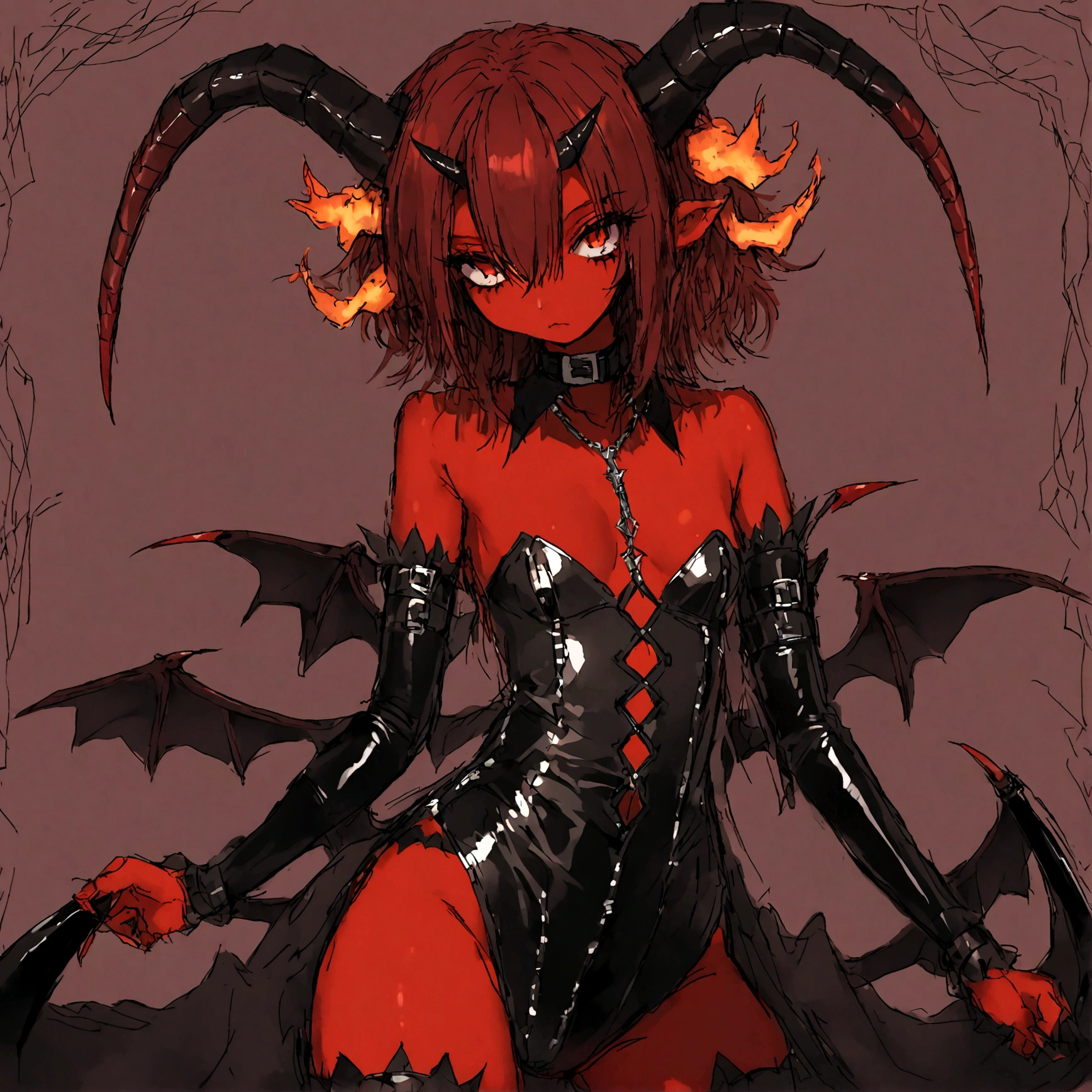 a gothic sexy succubus with long demon horns, has crimson red skin, wearing black leather bdsm gear