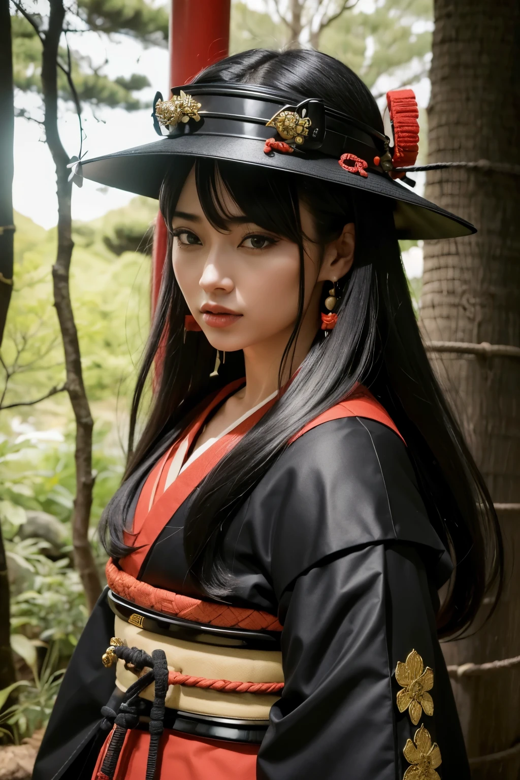 ((um samurai andando)), ((o-yoroi negra)), ((scenario)), ((orla de floresta)), ((kabuto))