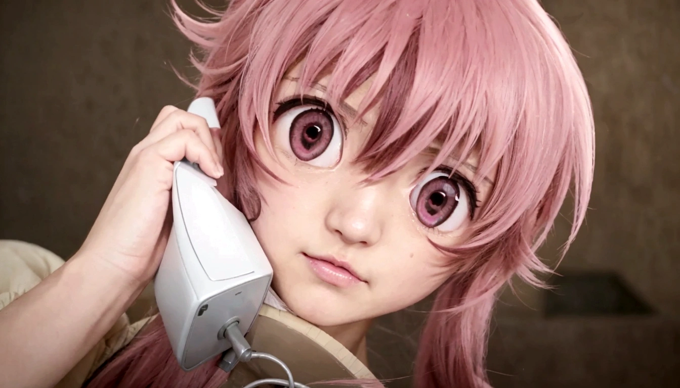 Anime girl with pink hair talking on cell phone., Mirai nikki, chica anime llamada gasai yuno, grandes ojos rosados, gasai yuno, primer plano de otro iwakura, moe, gasai yuno, ella tiene una linda cara expresiva, gasai yuno, captura de pantalla de un anime de 2012, in the anime movie, escena!!, Impactante