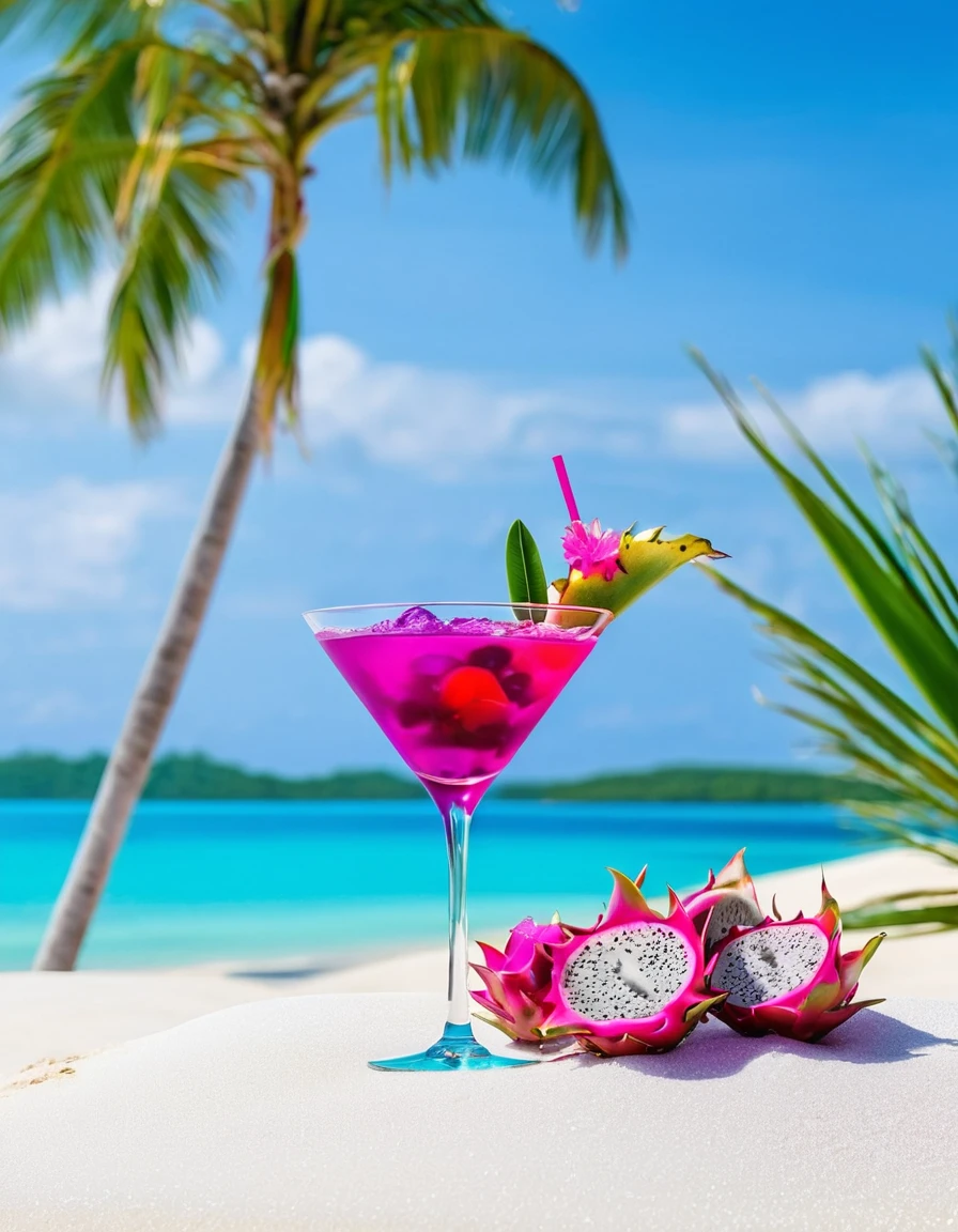 Sophisticated purple. martini cocktail with slice of dragon fruit and ice ,exotic flower at tropical beach view at sunny day with white sand turquoise water and palm trees