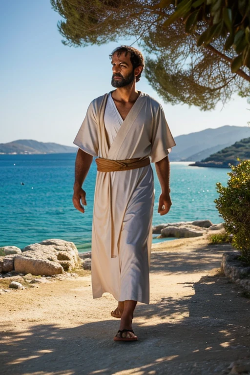 Aristotle in exile in Chalcis, on the island of Euboea, in 322 BC, dressed in simple robes, walking along the tranquil coastline, reflecting on his life with the serene sea in the background, wide shot, hyper-realistic, photo-realistic, cinematography -- ar16:9"