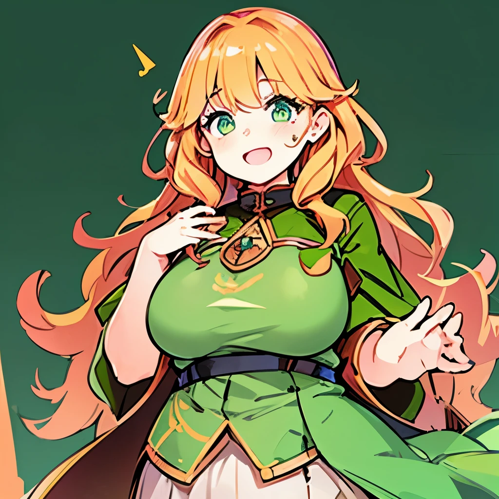 Chubby, woman, copper blonde hair, long frizzy curly hair, bright green eyes, fantasy clothes, cleric, Fat, round body, Chubby face, Be red in the face, freckles, solo, shy, fantasy tavern background