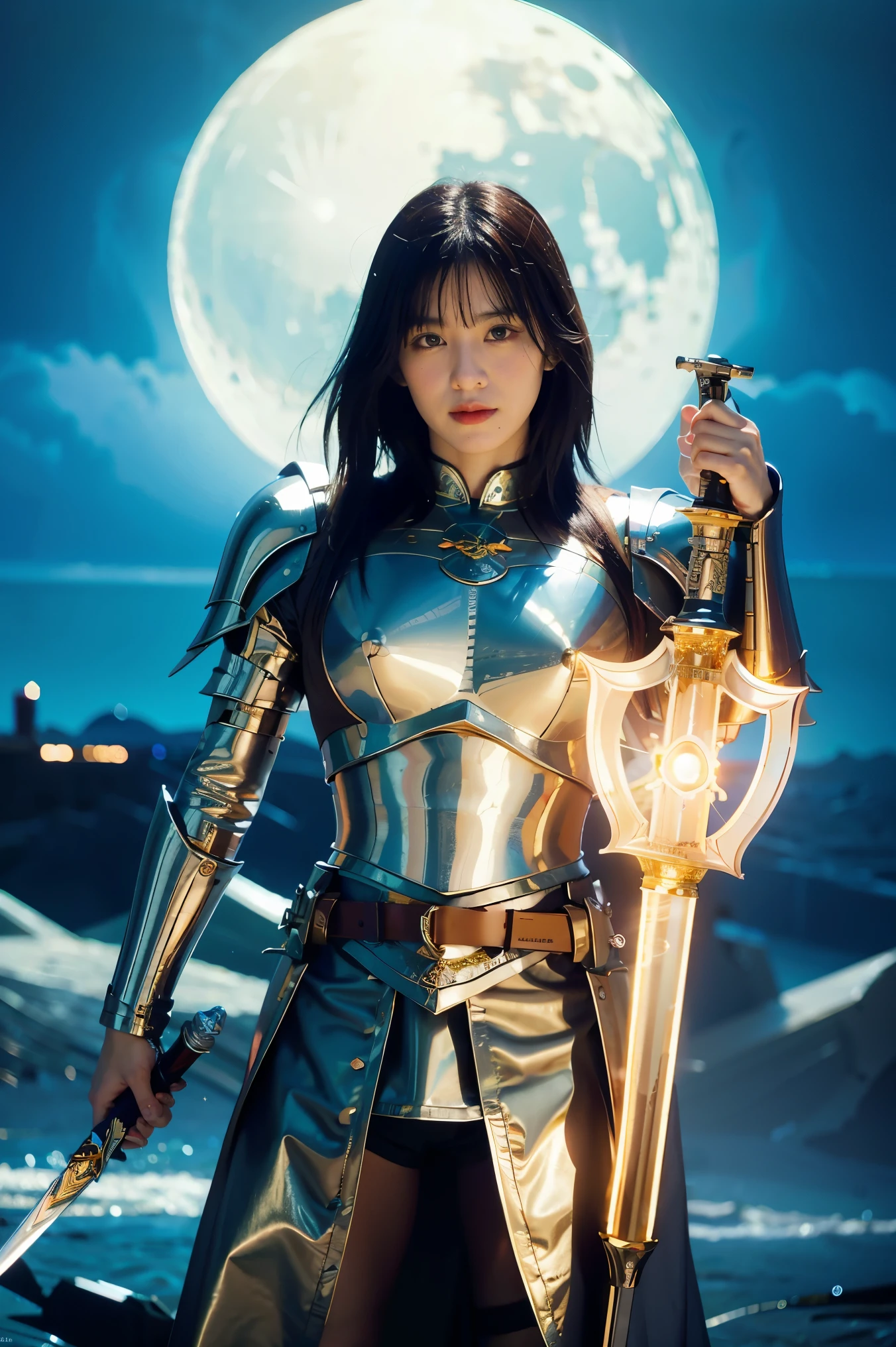 (masterpiece, best quality), A paladin holding a light infused sword, light magic, divine, magewave, silver and gold, 4k, dark cityscape, Fujifilm