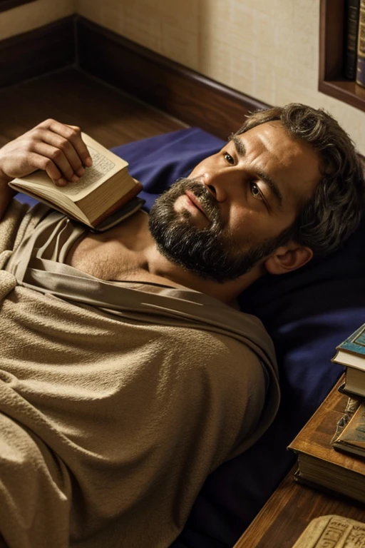 "Aristotle on his deathbed in 322 BC, wearing plain robes, surrounded by scrolls and books in a modest room in Chalcis, with a somber yet peaceful atmosphere, close-up shot, hyper-realistic, photo-realistic, cinematography -- ar16:9"