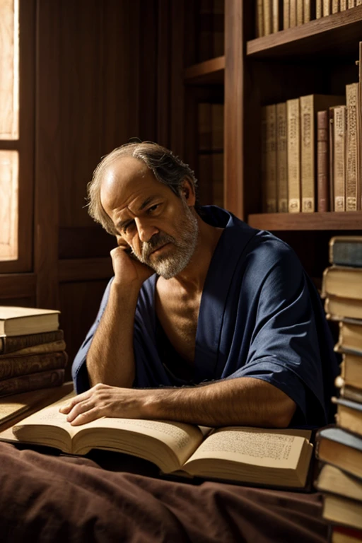 "Aristotle on his deathbed in 322 BC, wearing plain robes, surrounded by scrolls and books in a modest room in Chalcis, with a somber yet peaceful atmosphere, close-up shot, hyper-realistic, photo-realistic, cinematography -- ar16:9"

