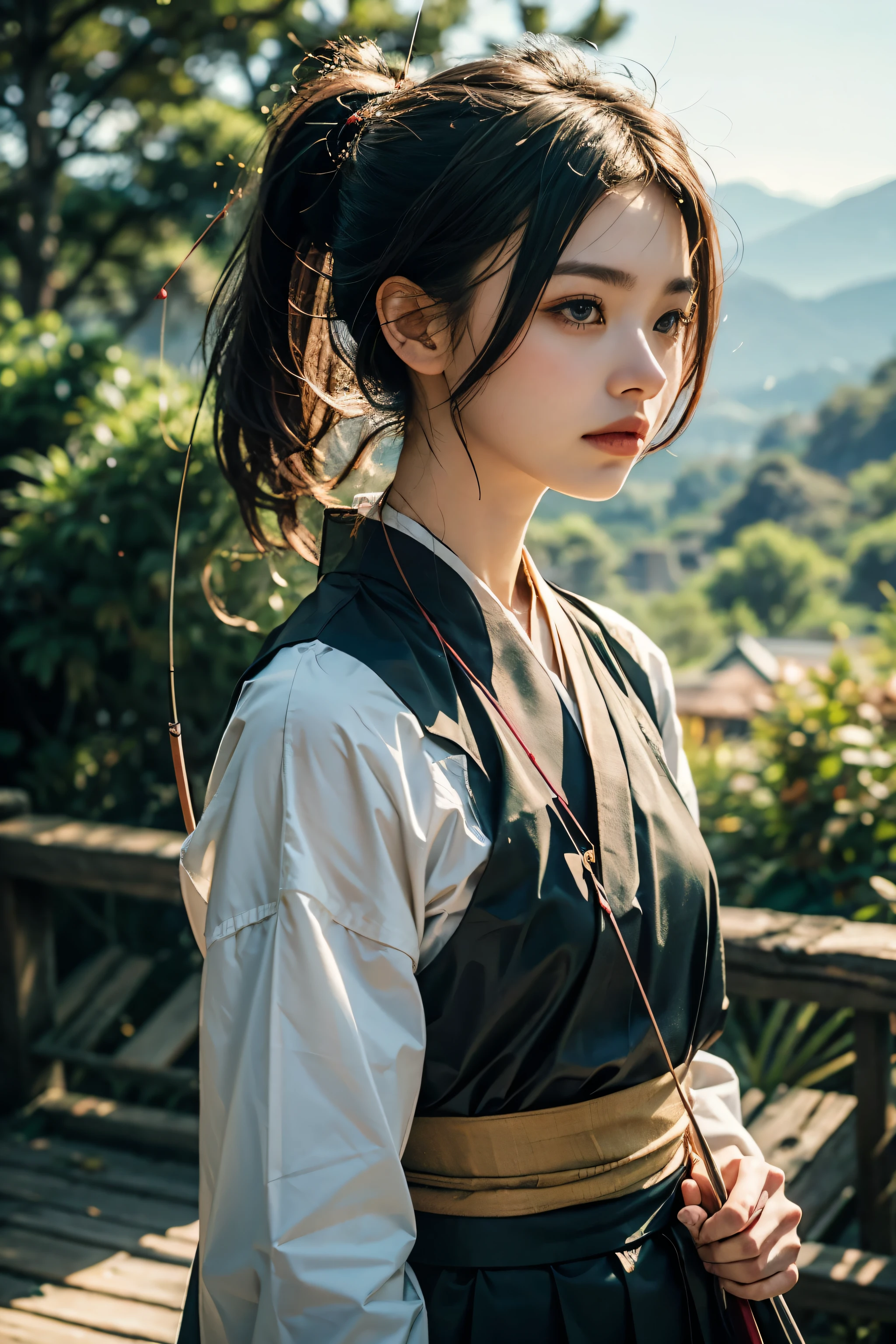 girl holding bow and arrow, bow, ponytail, cool expression, not smiling, wearing hanfu, kimono, kyudo, on a mountain top,  cinematic film style, special effects, VFX,highly detailed, ultra-high resolutions, 32K UHD, sharp focus, (photorealistic:1.5), (Extremely realistic, masterpiece, top quality, official art, best quality, beautiful and aesthetic:1.2),