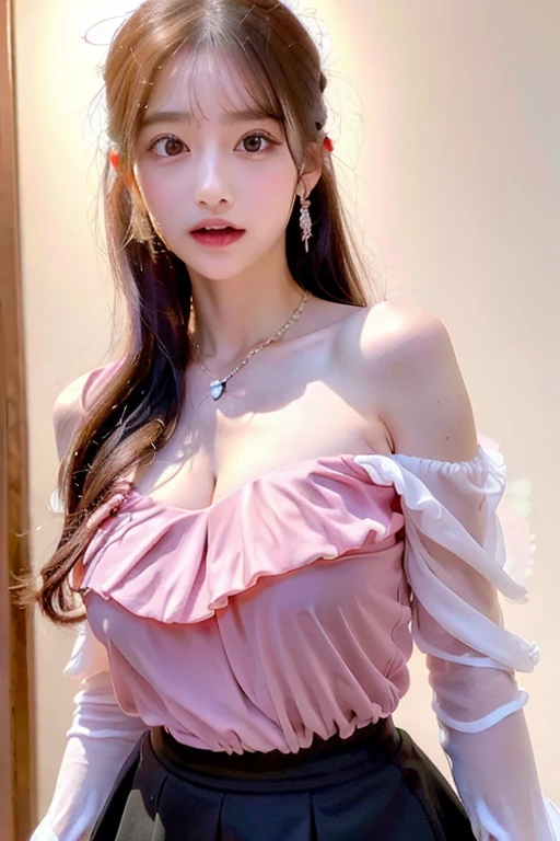 masterpiece、highest quality、8k、(Photorealistic: 1.4)、Ultra-detailed、High resolution、In detail、alone、Upper body、(Realistic Skin:1.2)、Beautiful girl、、Perfect figure、Mid-chest , Cleavage, Highly detailed eyes and face、Very intense and beautiful eyes、High quality and realistic finger reproduction:1.3、Laughter:1.3、(pink long sleeve ruffle blouse、Black Ribbon)、(Black ruffle skirt)、White wall background