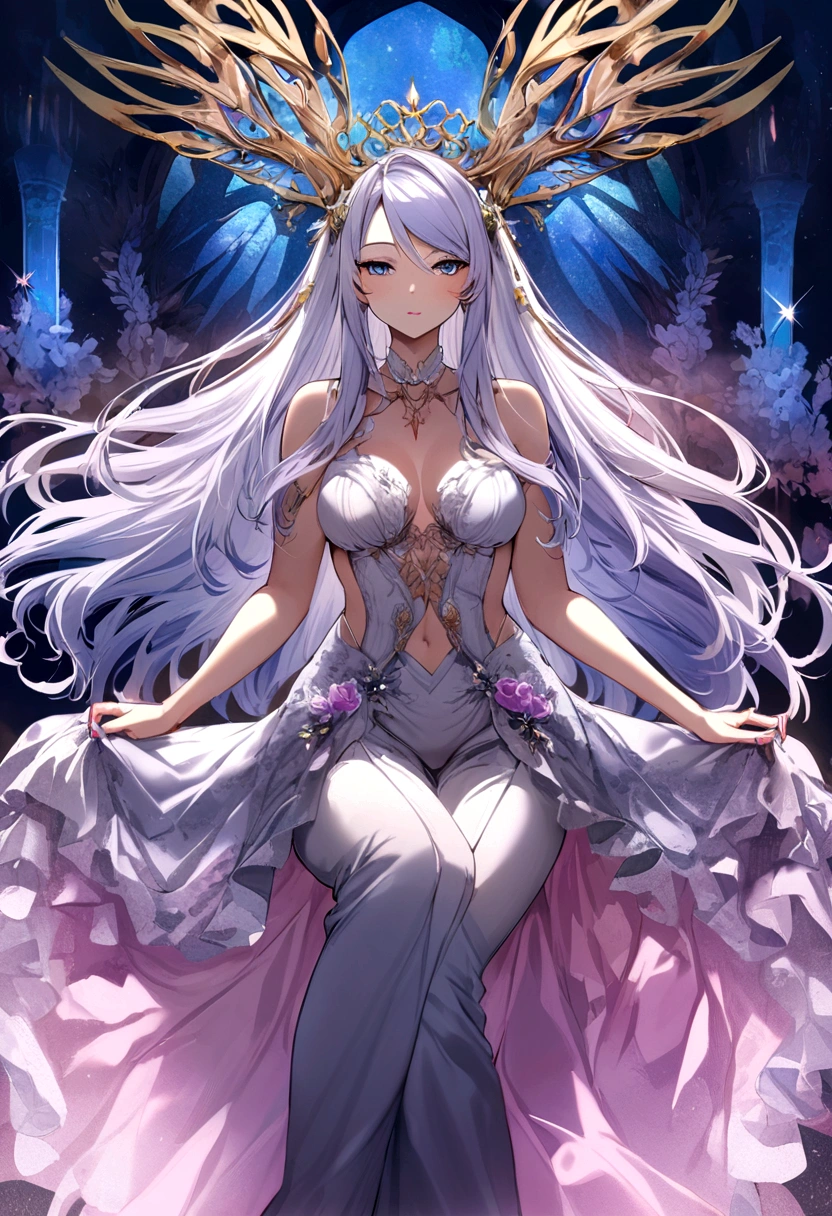 (Seductive nightmare)(Hyper realism)(Realistic fantasy)A moon elf greatly resembling Paris Hilton (age 25, psycho mouth full of jagged razor sharp teeth, long razor sharp finger nails, blue skin, violet eyes, silver hair, sheer spider silk lingerie(over exposed), silver body jewelry) is walking through a spider infested haunted woods, webs obscure the moon and carpet the ground. Immense webs and spiders in the tree tops.