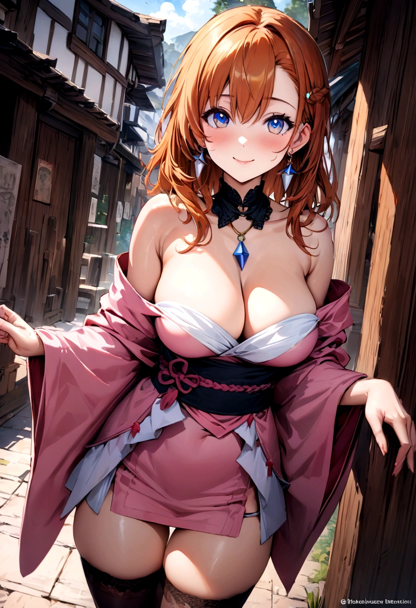 (Masterpiece, Best Quality, High Quality), professional artwork, well drawn, Intricate Details,solo,in village Kousaka honoka, afternoon , ultra detail hair, ultra detail face, perfect eyes, earring, Looking at Viewer, pink clothes , strapless,off shoulder kimono, cleavage, thighhighs, (thighs), thighs gap,dark orange hair , standing, smile 