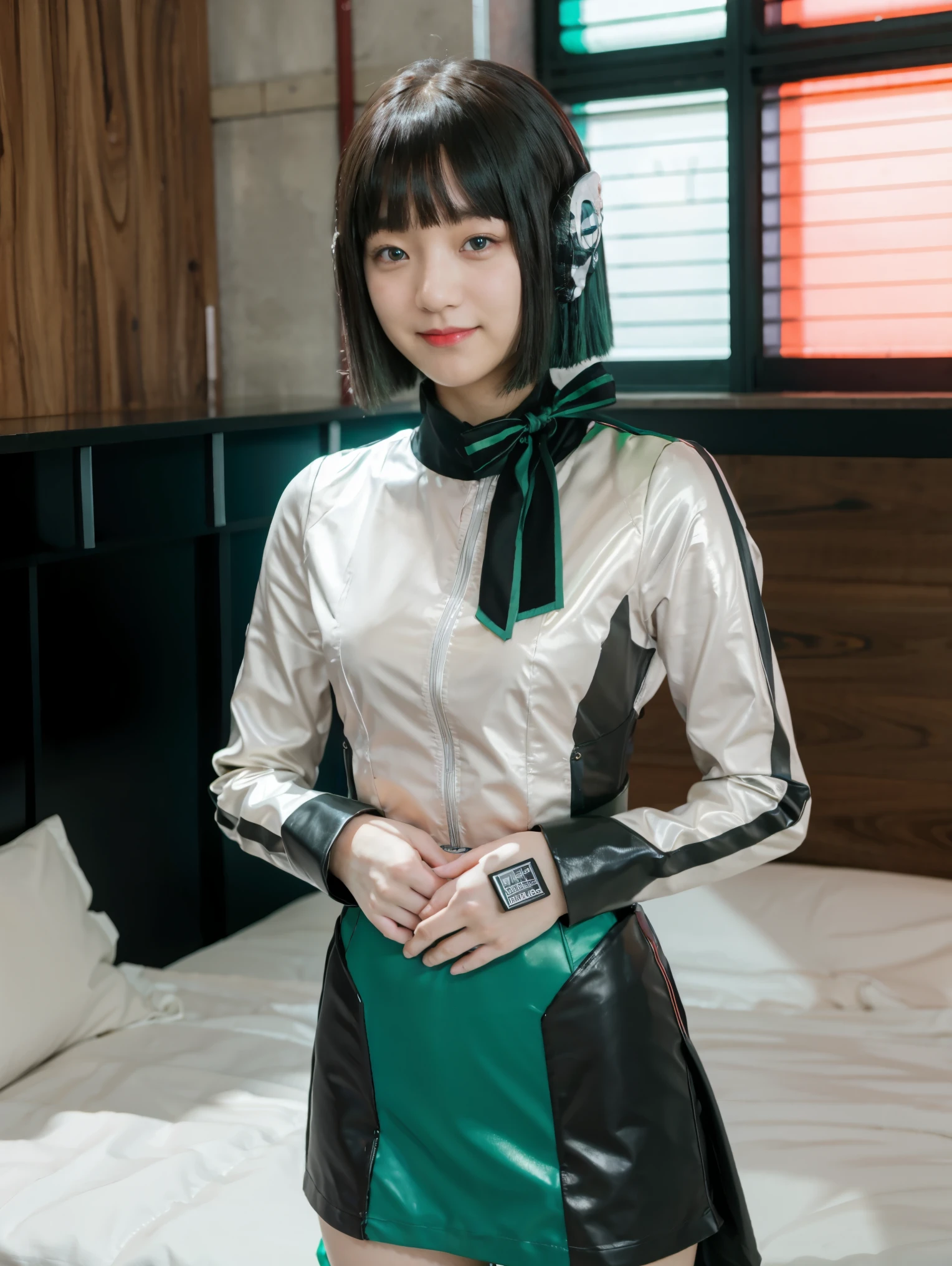 (extremely detailed CG), (best quality), 1girl,solo perfect face, shiny skin, lustrous skin, wide hips, narrow waist, kamen rider zero-two, ZeroTwo, rider belt, green armor, bodysuit, green armor,gloves, black bodysuit, red gloves HeroineIzu ,,aqua eyes, green hair,multicolored hair,humagear_headphones,black hair, bangs, short hair, ,indoors,own hands together, smile,, ((skirt))
