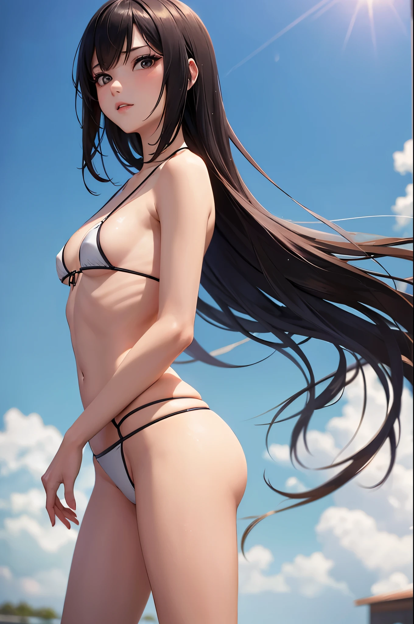 a sexy woman, (best quality), (masterpiece), (1girl), slim, anime, (flat chested), (protrait), (micro bikini), (view from beyond)
