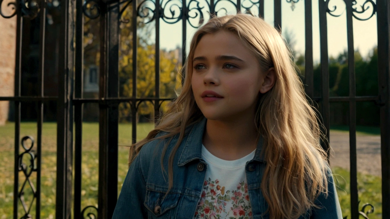straight girl walking in the square meeting her friends , Screenshot from the film, # film, Chloë Grace Moretz, wonderful scene, screenshot from a film, Eleven/milie bobbie brown, high resolution film still, photo from an action film live, high quality film, frame from a film, film, filmed from film