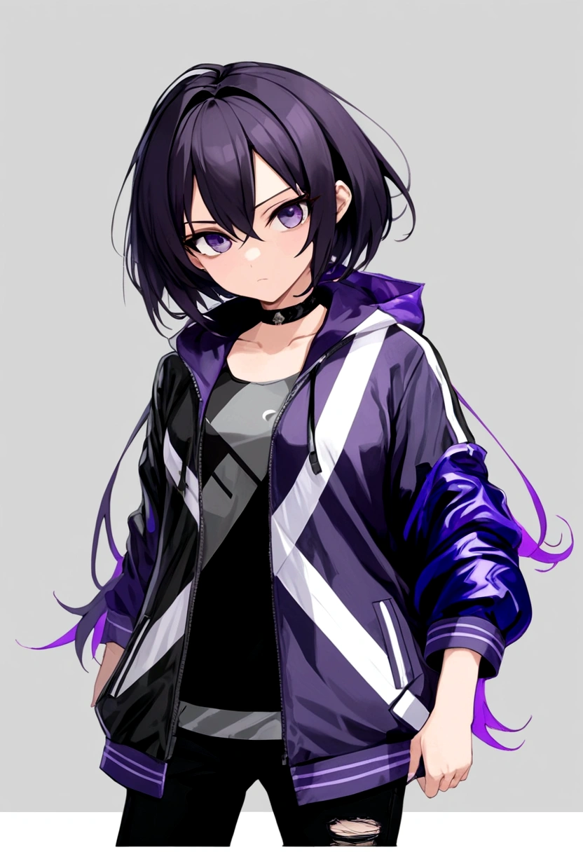 full body, tomboy, mature, sexy, smart, hair color black, short pitch black hair, eyes pupil purple, Short jacket, black plain tank top, long black plain jeans, black sneakers with purple ties, black chokers, anime style, vibrant colors, digital painting, white background.