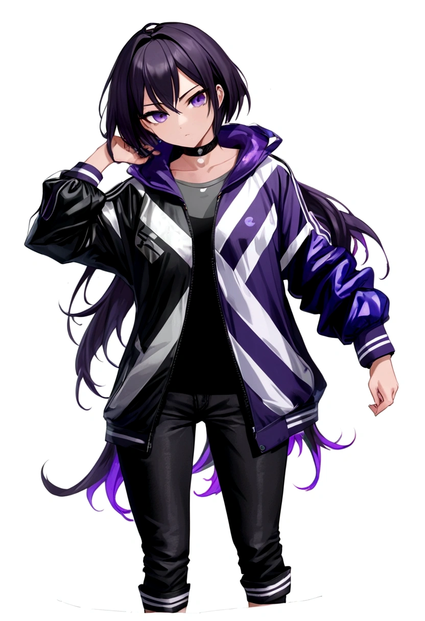 full body, tomboy, mature, sexy, smart, hair color black, short pitch black hair, eyes pupil purple, Short jacket, black plain tank top, long black plain jeans, black sneakers with purple ties, black chokers, anime style, vibrant colors, digital painting, white background.
