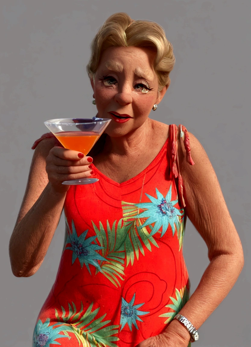 Cartoon, mulher de 70 anos, loira, cabelo curto, holding a martini glass, PIXAR animation style rendering