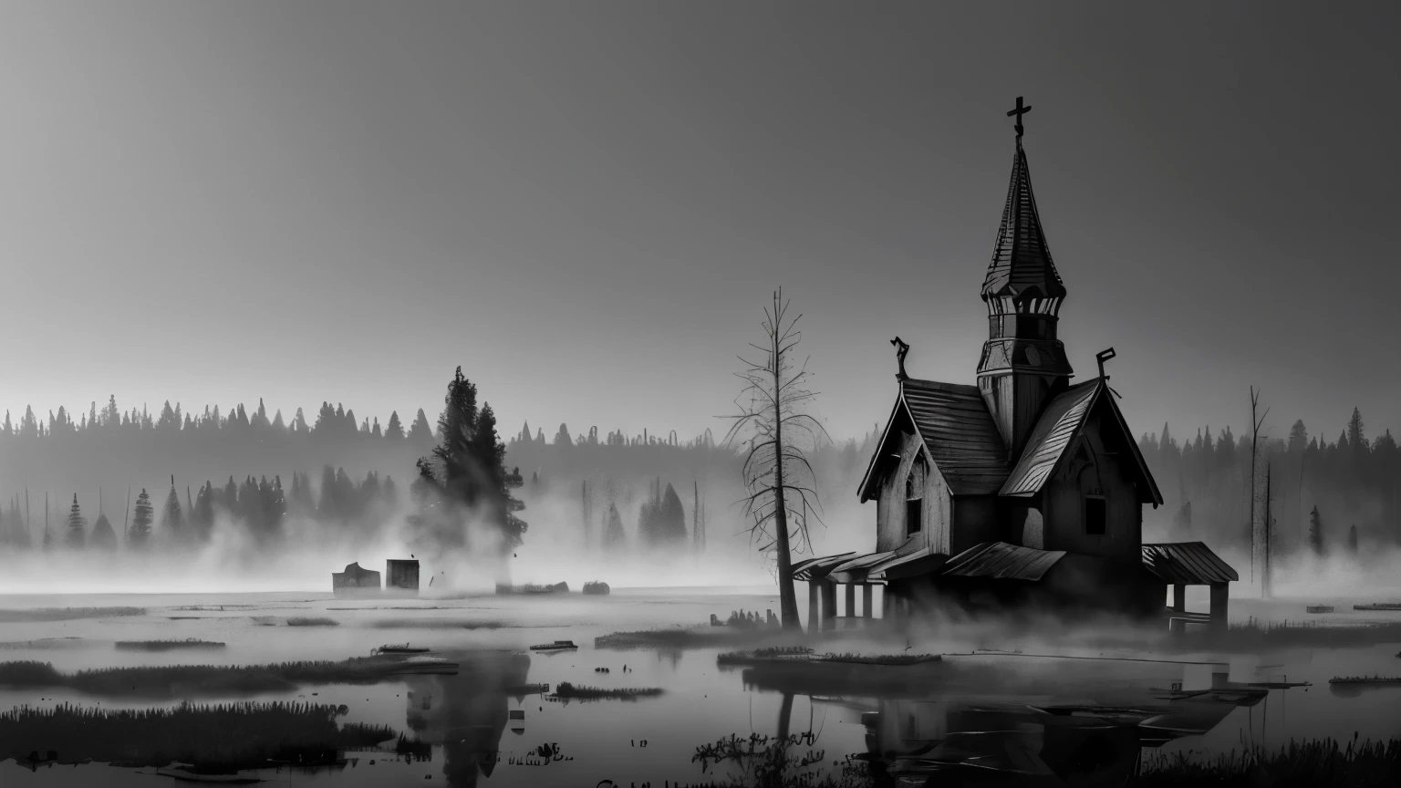 b/w pencil illustration, Russian Slavic wooden church ruins ((sunken in a swamp)), (Pagan slavic village ruins), (Russian) swamp with (birch trees), ((fog)), diffused light, foggy morning, Dark Souls, Dark Fantasy