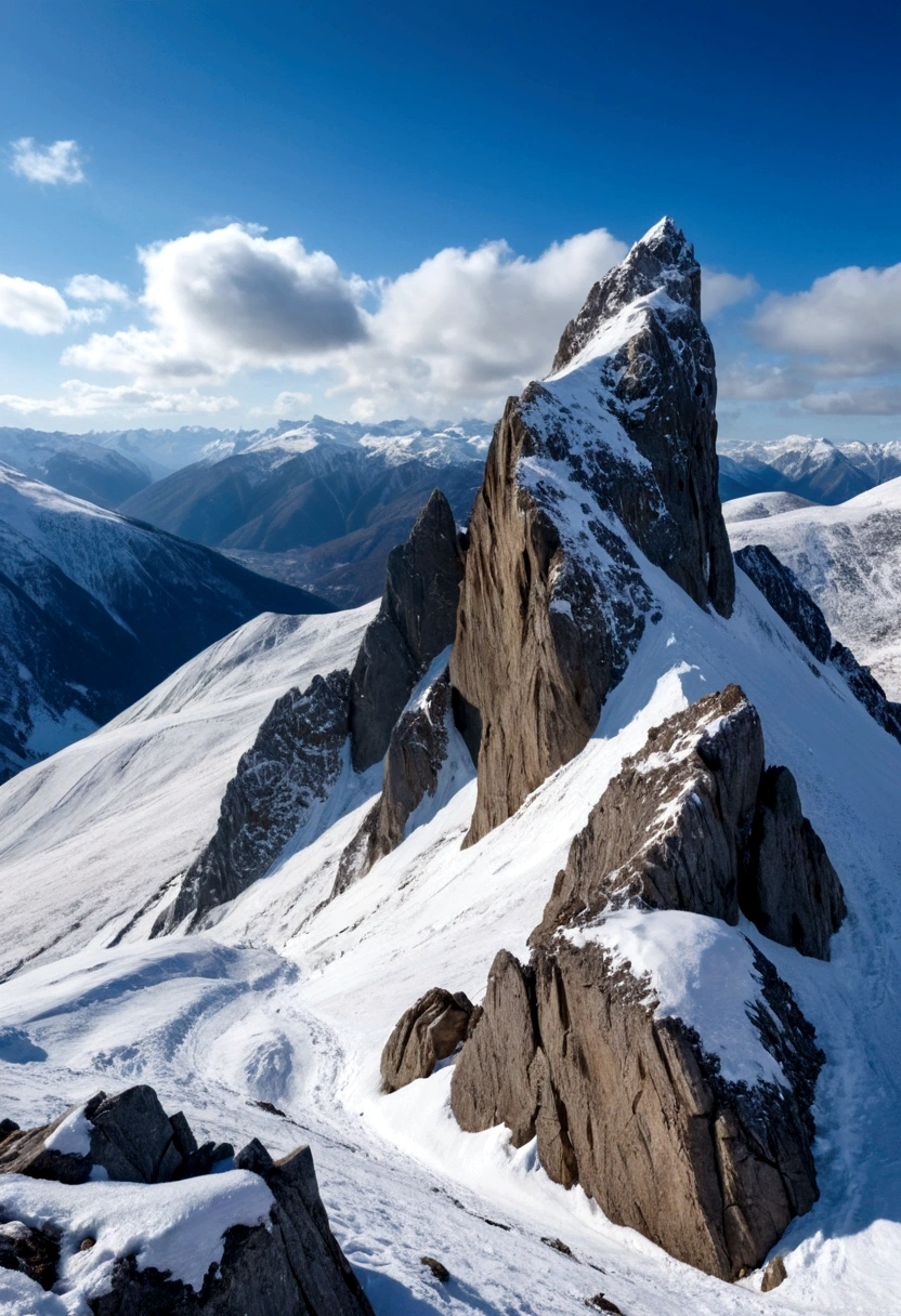 AMONG THE STEEP AND INTRINSIC MOUNTAINS WITH SHARP ROCKS WITH SNOW AND ICE, THE CLEAR AND COLD SKY HAS THE CLOUDS DESTROYED BY THE FREEZING WIND FROM THE POLE, IMAGEN HIPER REALISTA, MAXIMUM DEPTH OF FIELD, MAXIMUM HDR 4K RESOLUTION, PERSPECTIVA PERFECTA