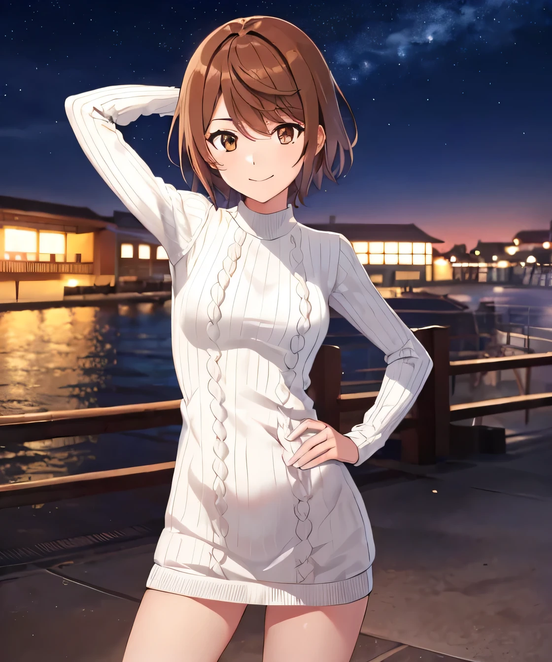 1girl, (shapely body), solo, hdr, saiai kinuhata, solo, short hair, brown hair, brown eyes, jewelry, sweater, solo focus, solo, night sky, beach, arm behind head, hand on hip, contrapposto, spread armpits, closed mouth, smile, (cowboy shot:1.5), looking at viewer, v, white sweater, sweater dress, 