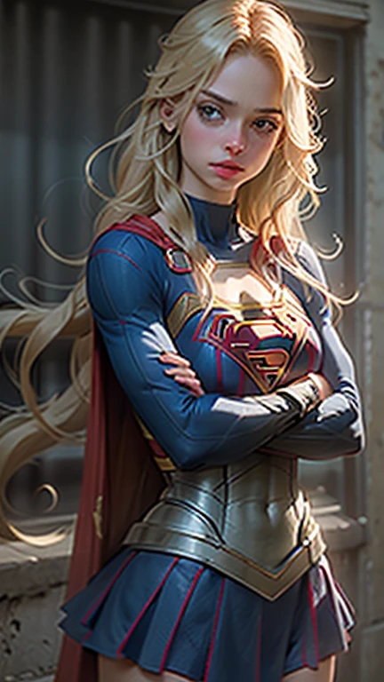Uma mulher usando cosplay de Supergirl, Long Blonde Hair Crossed Arms